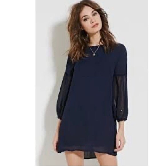 Navy shift dress with sheer peasant sleeves size medium - Picture 1 of 6